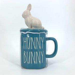 Rae Dunn 'HUNNY BUNNY' Glossy Blue Mug with Bunny Topped Lid, New